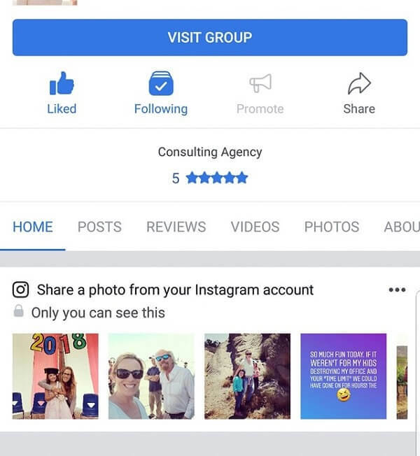 La aplicación móvil de Facebook ahora sugiere fotos de Instagram para compartir en una página.
