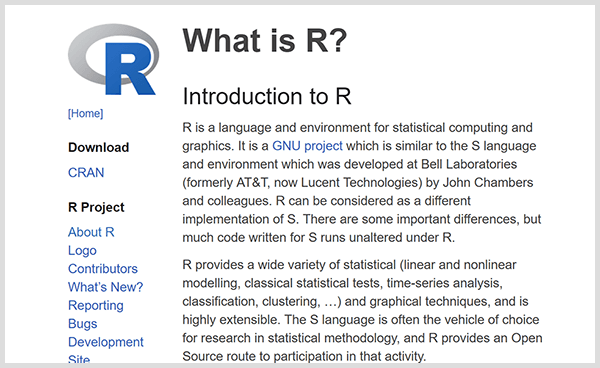 Cree sus propias herramientas de análisis predictivo con el lenguaje de programación R. Captura de pantalla de la página web de introducción de R. 