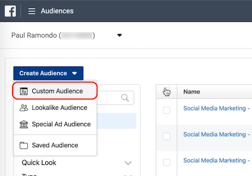 Opción de audiencia personalizada en las audiencias de Facebook