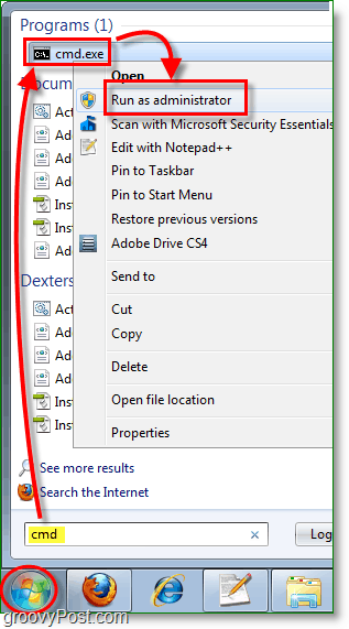 Captura de pantalla de Windows 7: ejecutar cmd como administrador