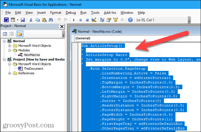 Copie el texto del código de macro en el editor VBA en Word