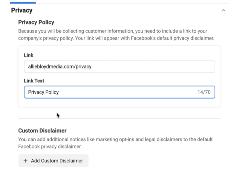Los anuncios de clientes potenciales de Facebook crean una nueva opción de formulario de clientes potenciales para vincular a una política de privacidad y un descargo de responsabilidad personalizado