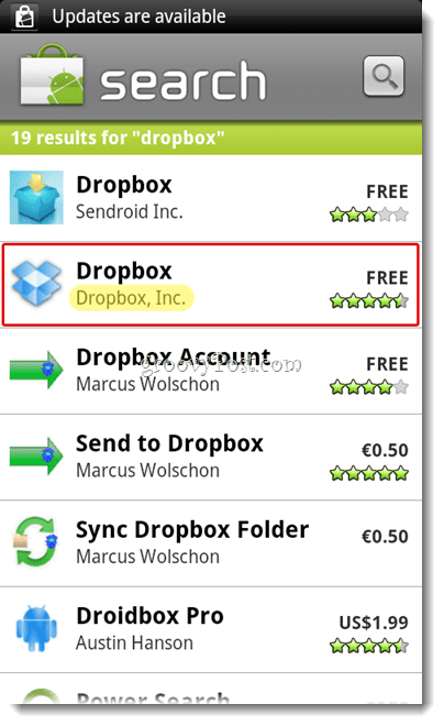 Menú de búsqueda de Android Dropbox