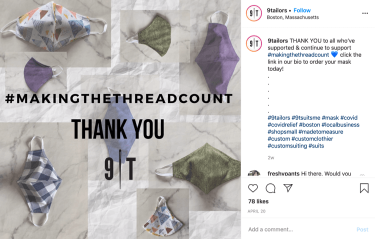 Publicación de Instagram de 9Tailor sobre la venta de máscaras