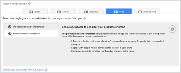 Tipo de campaña de conocimiento de marca y alcance en Google AdWords.