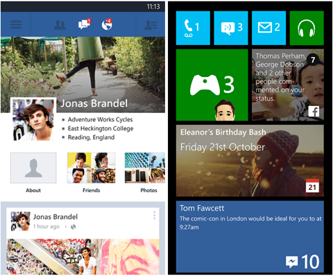 azulejos de la aplicación de facebook de windows phone
