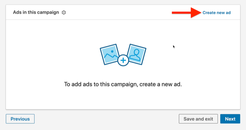 ejemplo de nivel de anuncio de campaña publicitaria de linkedin con la opción de crear un nuevo anuncio resaltada