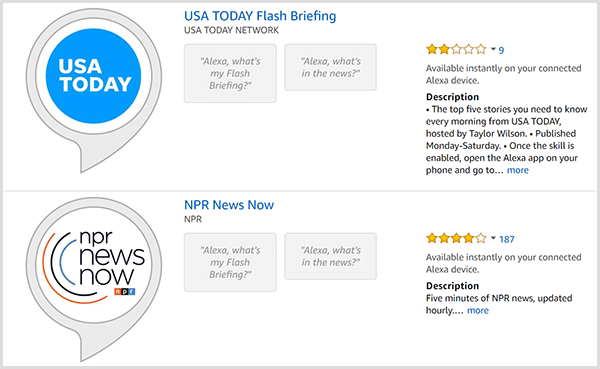 Las listas de información flash de Alexa tienen un bocadillo gris con un logotipo redondo del productor, como USA TODAY o NPR. Los listados también incluyen una calificación de estrellas y una descripción.