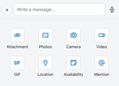 Opciones de publicación de la aplicación móvil de LinkedIn, incluidos archivos adjuntos y GIF