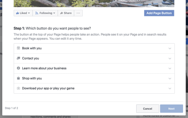 Paso 1 para crear el botón de llamada a la acción de su página comercial de Facebook.