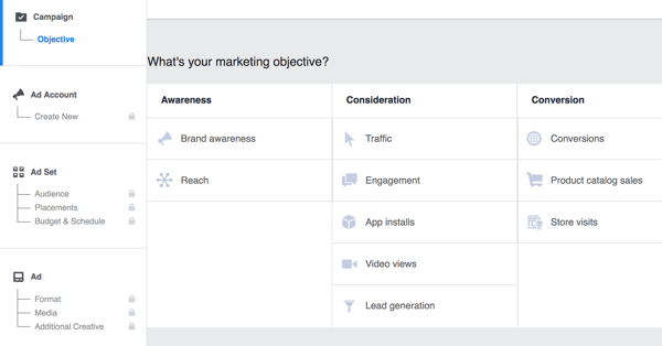 Seleccione el objetivo de su campaña de Facebook.