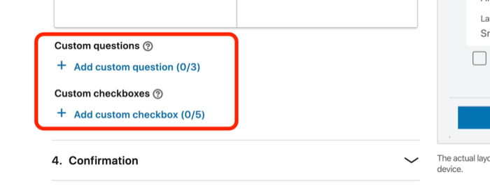 captura de pantalla de los campos de preguntas personalizadas y casillas de verificación personalizadas para el formulario de generación de clientes potenciales en la configuración de anuncios de LinkedIn