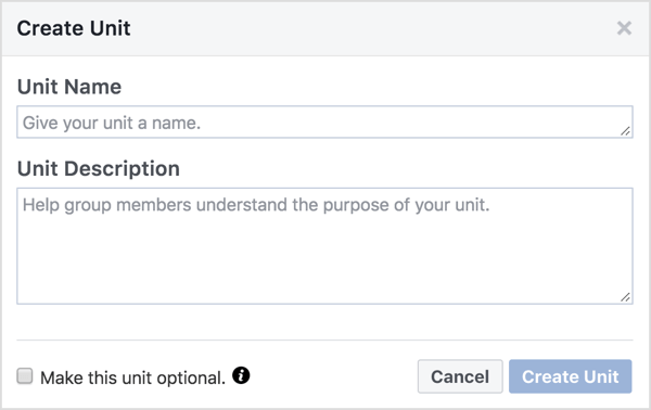 Dale a la unidad del grupo de Facebook un nombre y una descripción. 