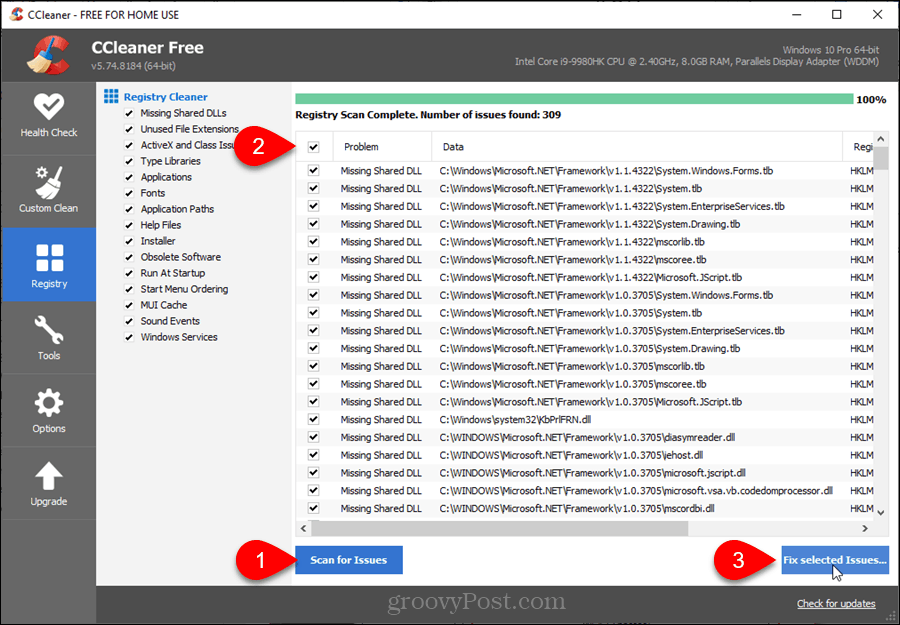 Limpiador de registro en CCleaner