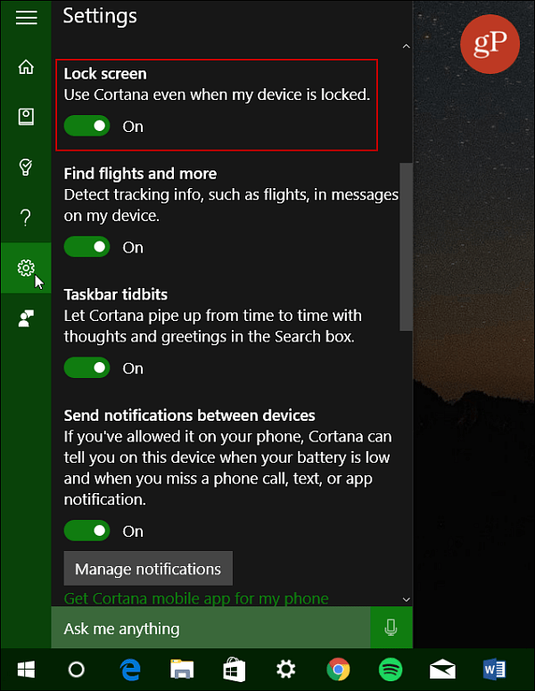 Encienda la pantalla de bloqueo de Cortana Windows 10