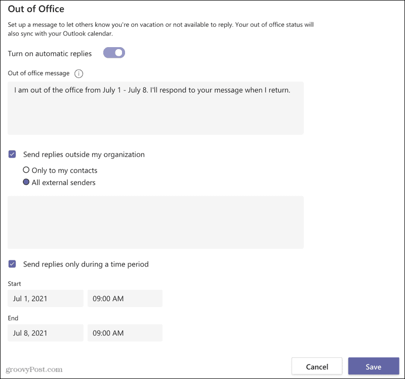 Programar un Microsoft Teams fuera de la oficina