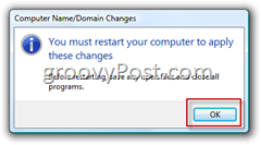 Windows Vista Únase a una confirmación de dominio de Active Directory AD para reiniciar la computadora