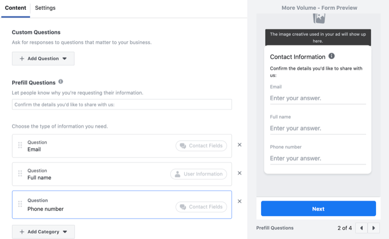 agregar preguntas personalizadas al formulario de generación de clientes potenciales de Facebook