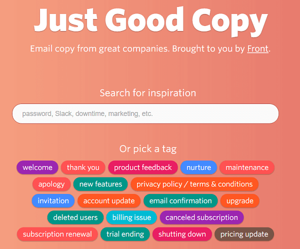 Just Good Copy le ofrece ejemplos de correos electrónicos para que pueda comenzar.