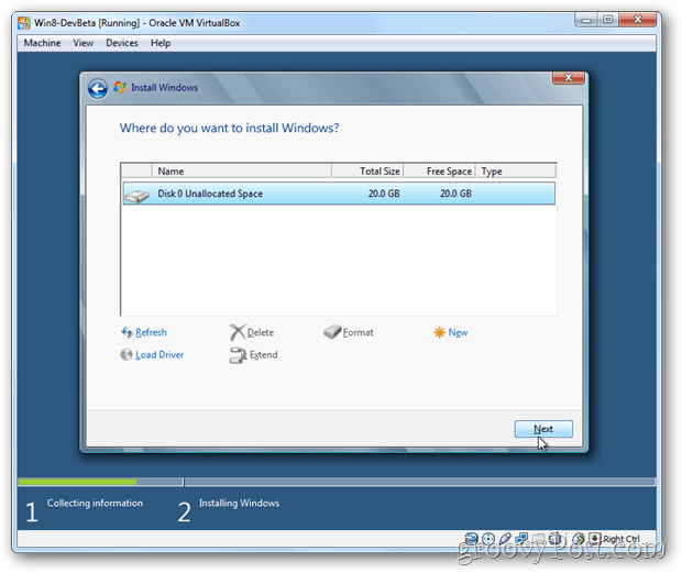 VirtualBox Windows 8 elige el disco para instalar