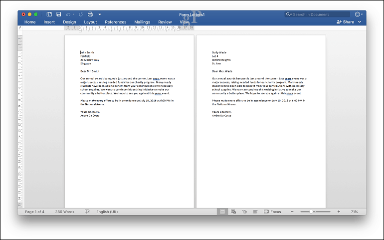 Microsoft Word para Mac Mail Merge - Vista previa de impresión