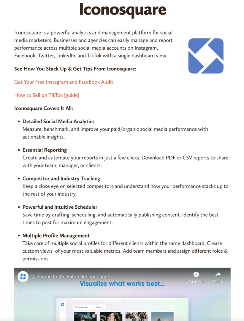 Ejemplo de página de recursos de herramientas de software de Social Media Examiner