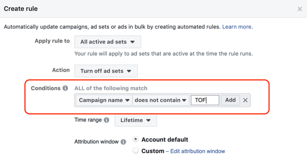 Utilice las reglas automatizadas de Facebook, detenga el conjunto de anuncios cuando el ROAS caiga por debajo del mínimo, paso 2, establezca las condiciones