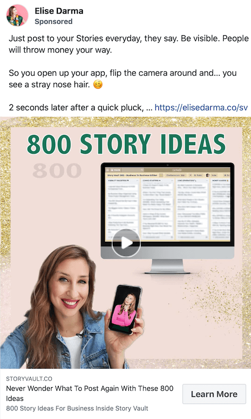 ejemplo de captura de pantalla de una publicación patrocinada por elise darma que promueve 800 ideas para historias
