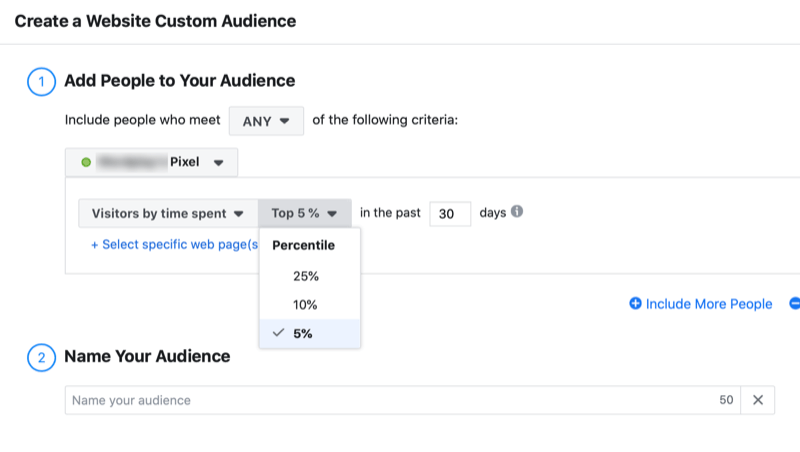 configurar la audiencia personalizada del sitio web de Facebook por tiempo dedicado