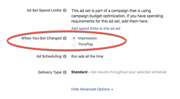 Cargos de optimización de ThruPlay de Facebook.
