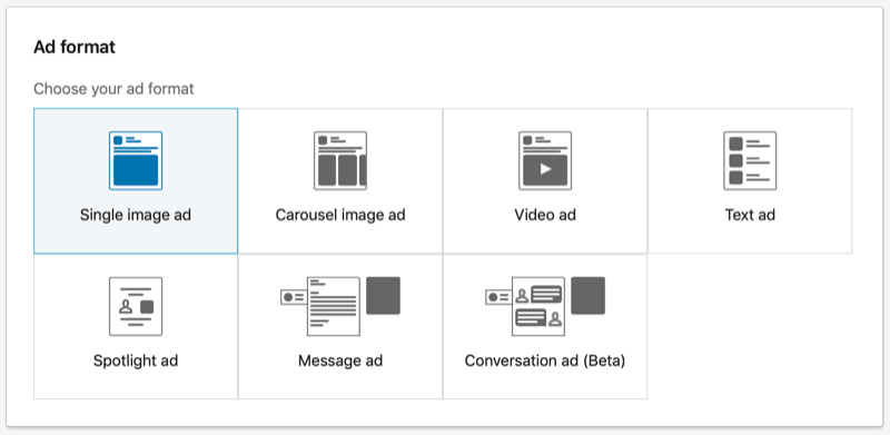 Se seleccionó la opción de formato de anuncio de imagen única de LinkedIn