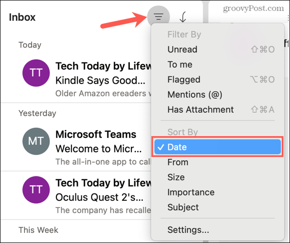 Ordenar por fecha en Outlook en Mac