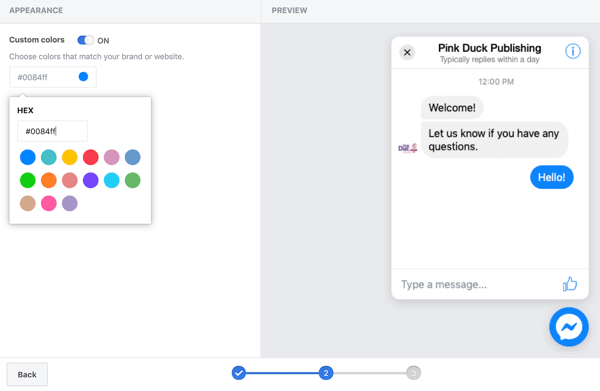 Use Google Tag Manager con Facebook, paso 11, opciones para configurar colores personalizados para su complemento de chat de Facebook