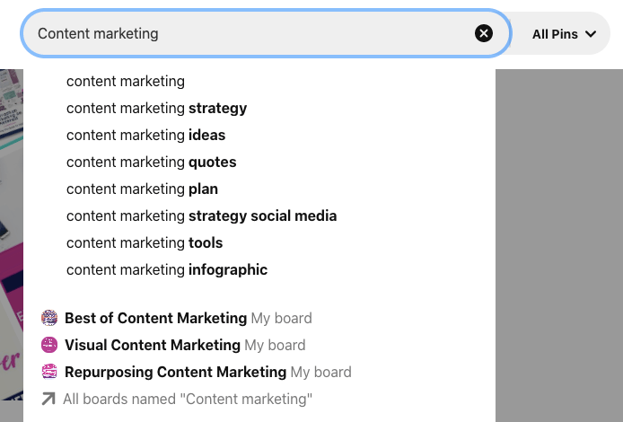 ejemplo de búsqueda de pinterest para marketing de contenido con marketing de contenido emparejado con estrategia, ideas, presupuestos, plan, herramientas, infografía, etc. junto con varios tableros cuyos nombres incluyen marketing de contenido