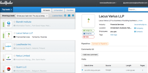 Leader utiliza sus datos de Google Analytics para mostrar detalles sobre los visitantes de su sitio web.