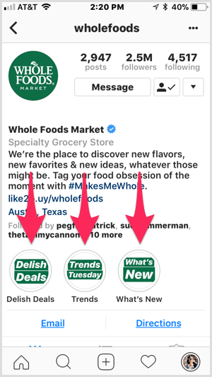 Destacados de Instagram en el perfil de Whole Foods.