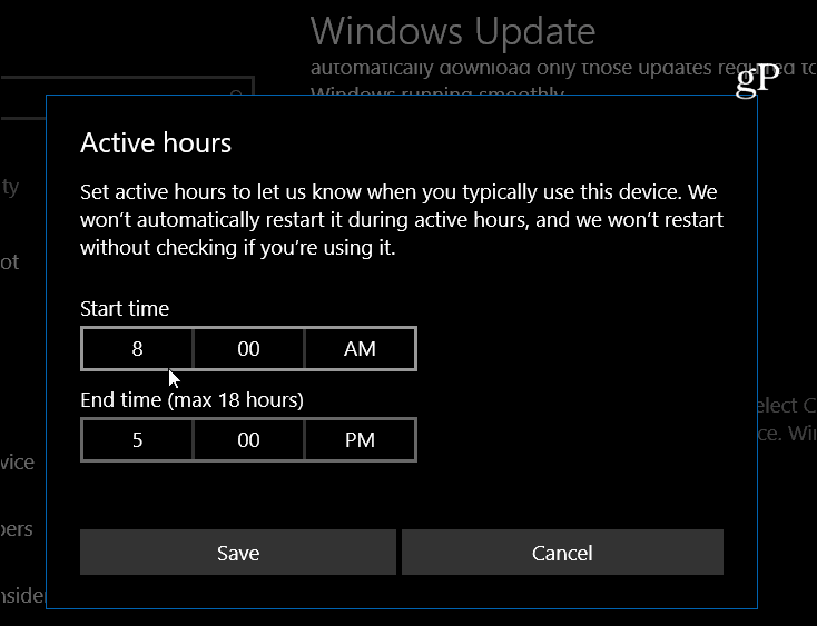 Windows 10 establece las horas activas