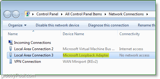 Captura de pantalla de Windows 7 Networking: el adaptador de bucle invertido de Microsoft visible en la ventana de conexiones de red