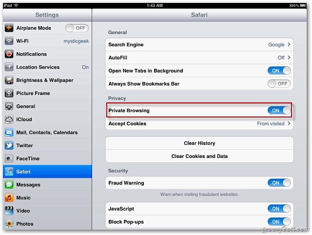 Apple iOS 5: habilitar la navegación privada de Safari