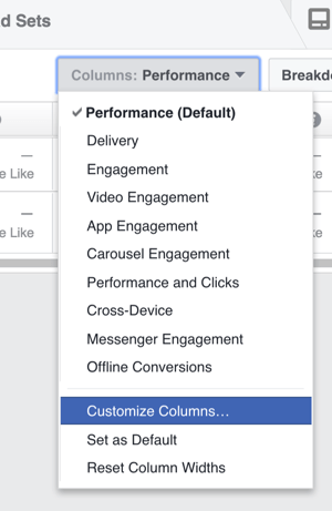 En el Administrador de anuncios, haga clic en Columnas y elija Personalizar columnas en la lista desplegable.