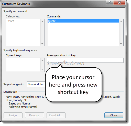 Métodos abreviados de teclado de estilo personalizado Word 2010