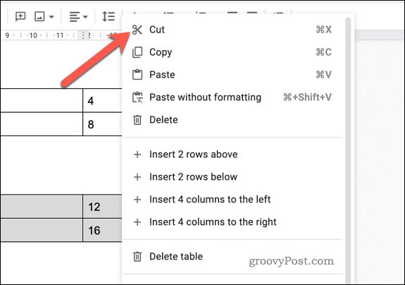 Cortar datos de tablas en Google Docs