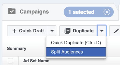 En Facebook Power Editor, haga clic en la flecha a la derecha de Duplicar y seleccione Dividir audiencias.