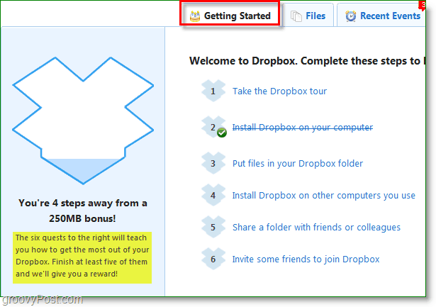Captura de pantalla de Dropbox: cómo obtener 250 MB extra rápido