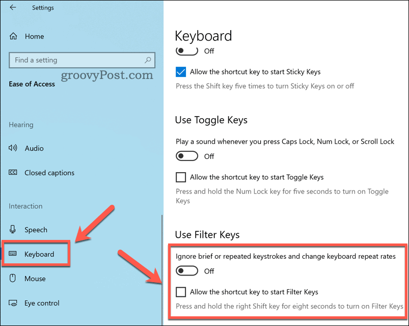 Configuración de ajustes de claves de filtro en Windows 10