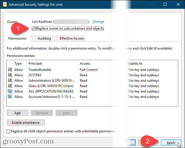 Haga clic en Aplicar en el cuadro de diálogo Configuración de seguridad avanzada en el Registro de Windows