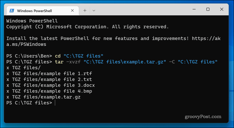 Extracción de archivos TGZ en Windows 11 usando la aplicación de terminal