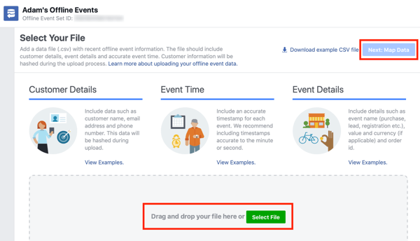 Opción para arrastrar y soltar su archivo de datos en Facebook Ads Manager.