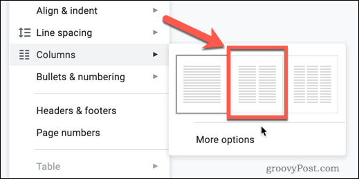 La opción Dos columnas en Google Docs