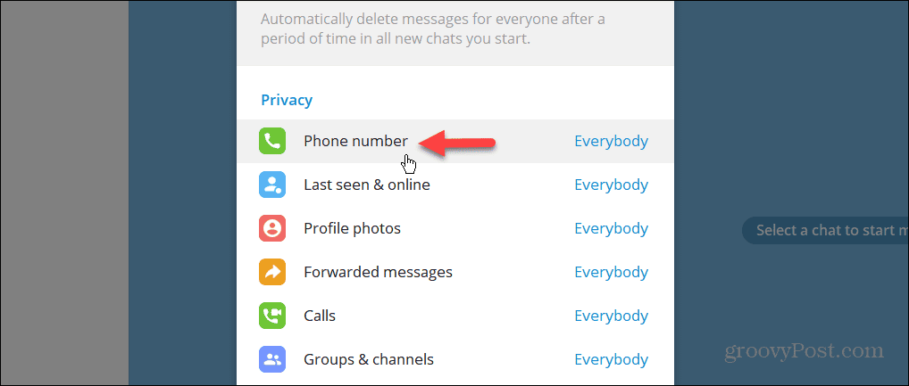 Configuración de privacidad del número de teléfono en la aplicación de escritorio Telegram